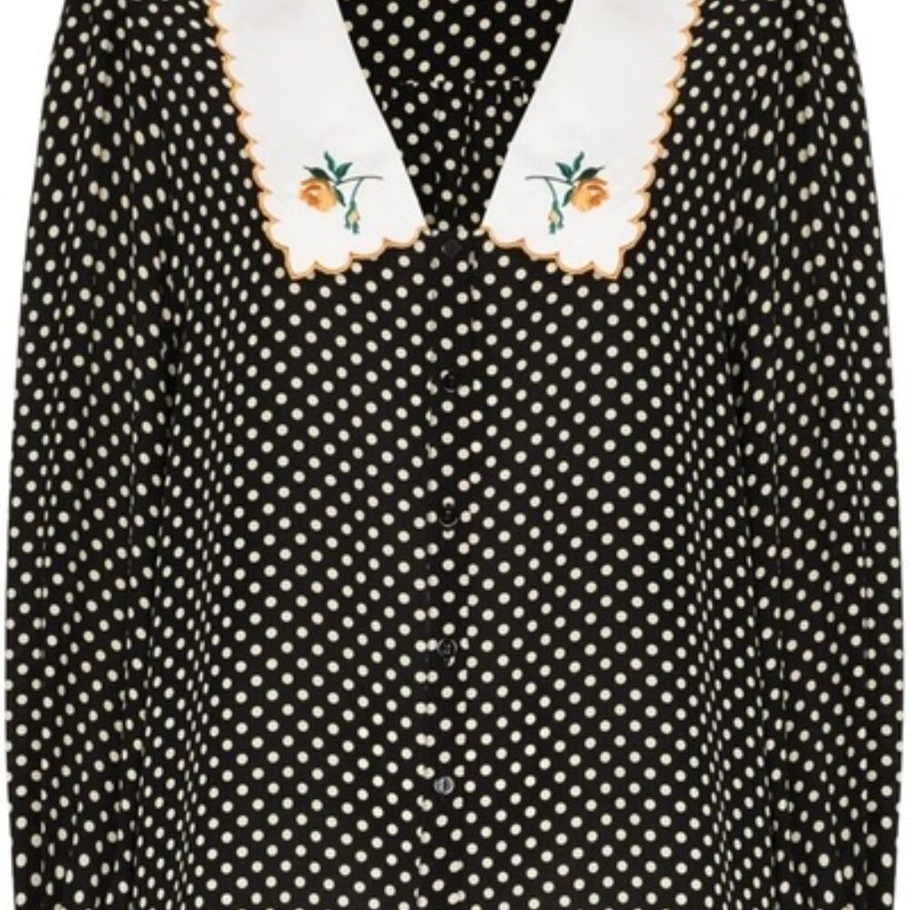 RIXO Lila Polka Dot Silk Blouse Embroidered Collar